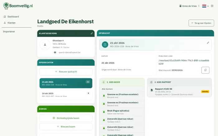 Klantdossier met opdracht, bomen en rapporten