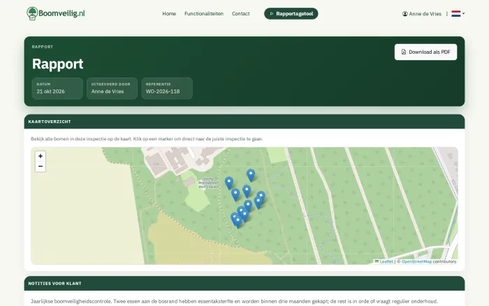 Publieke rapportpagina met kaartoverzicht van de bomen