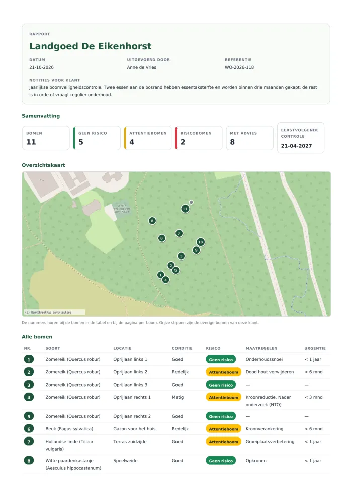 PDF-rapport met samenvatting en overzichtskaart