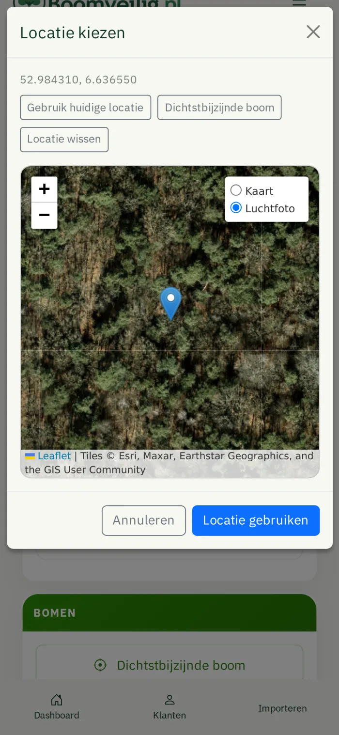 Boomlocatie kiezen op de luchtfoto